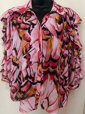 Investments Pink Abstract Ruffle-Sleeve Button-Front Blouse